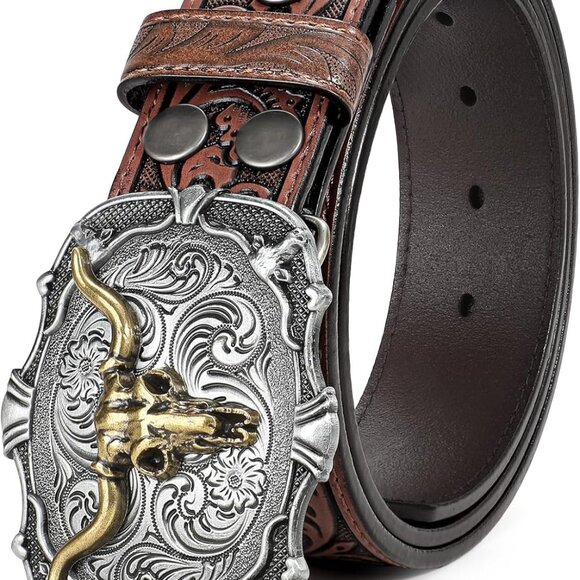 Western Leather Buckle Belt for Men Women Cowboy Cowgirl Mens Leather Belt for J